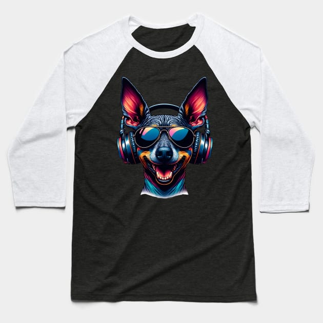 Xoloitzcuintli Smiling DJ in Vibrant Japanese Art Style Baseball T-Shirt by ArtRUs
